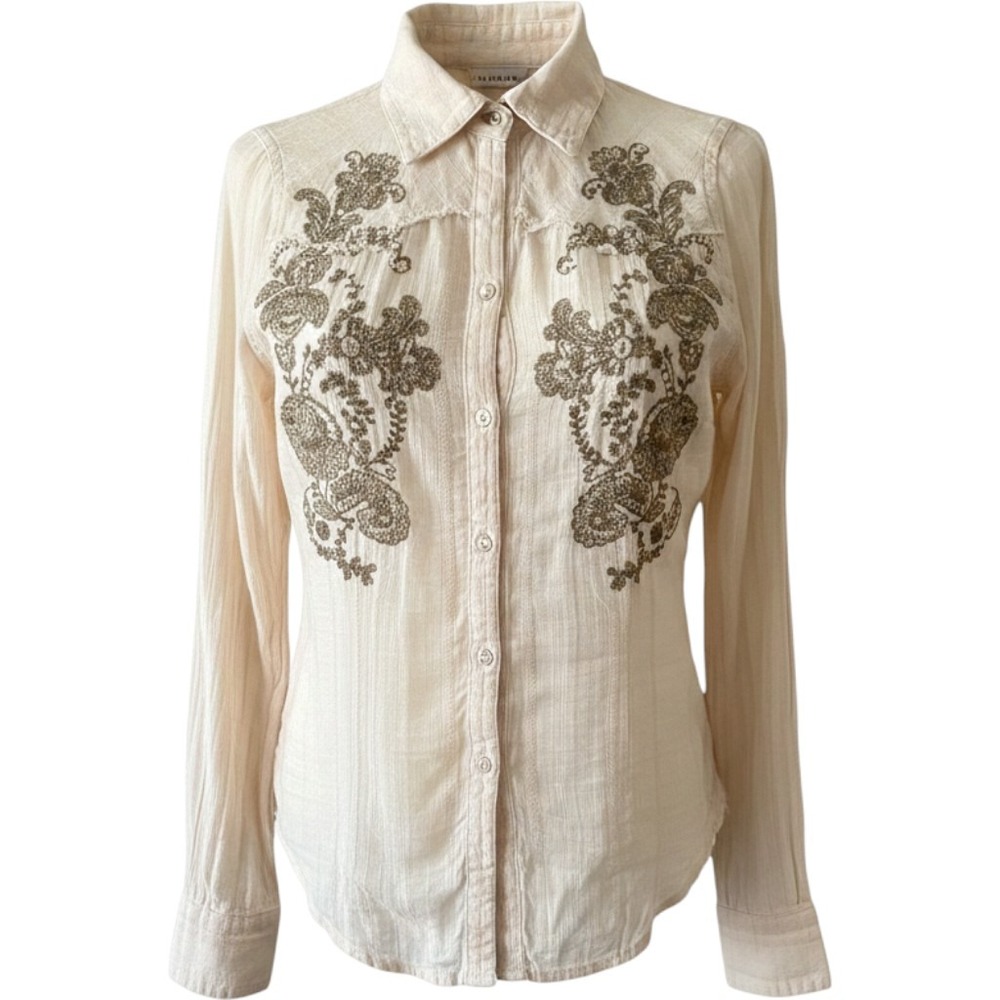 Fresh Wear Cream Embroidered Floral Western‎ Snap Button Down Gauze Shirt Womens
